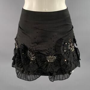 KAREN MILLEN Size 10 Black Silk Blend Ruffled Mini Skirt